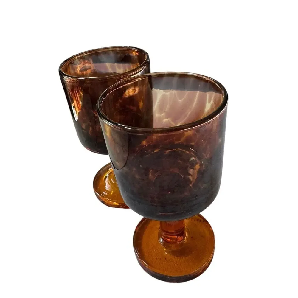 Vintage Amber Glass Goblets (2) Mid Century Modern Stemware Retro Drinkware READ